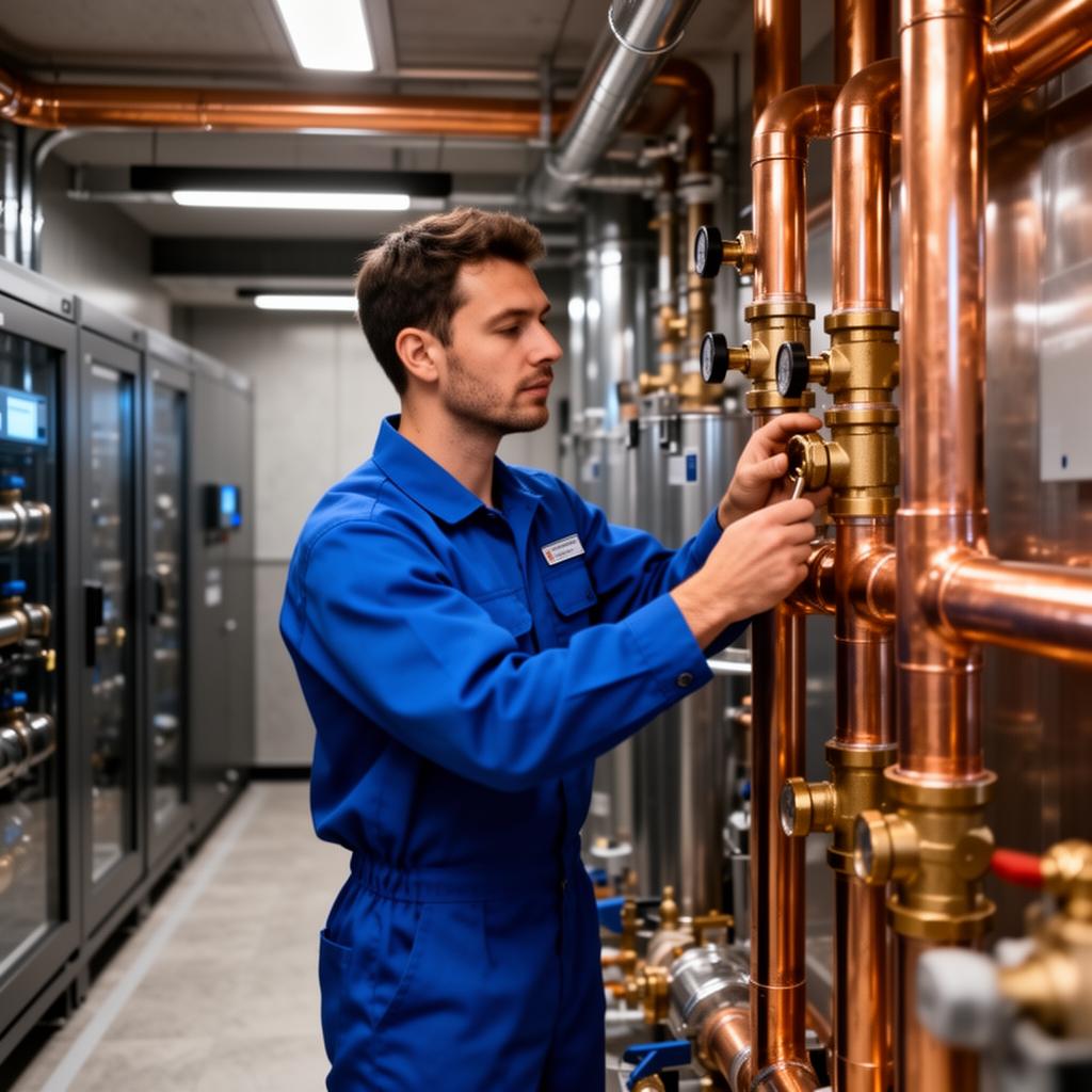 Professional plumber working on modern copper piping