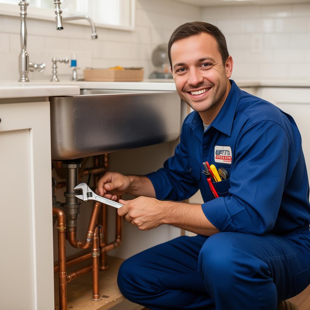 Smiling plumber finishing a kitchen sink install