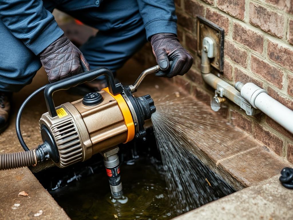 Plumber hydro-jetting a clogged drain line