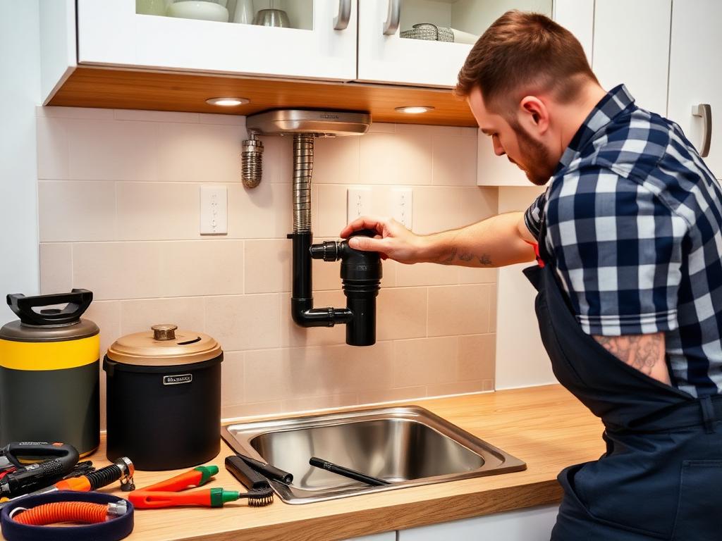 Plumber repairing kitchen sink and disposal