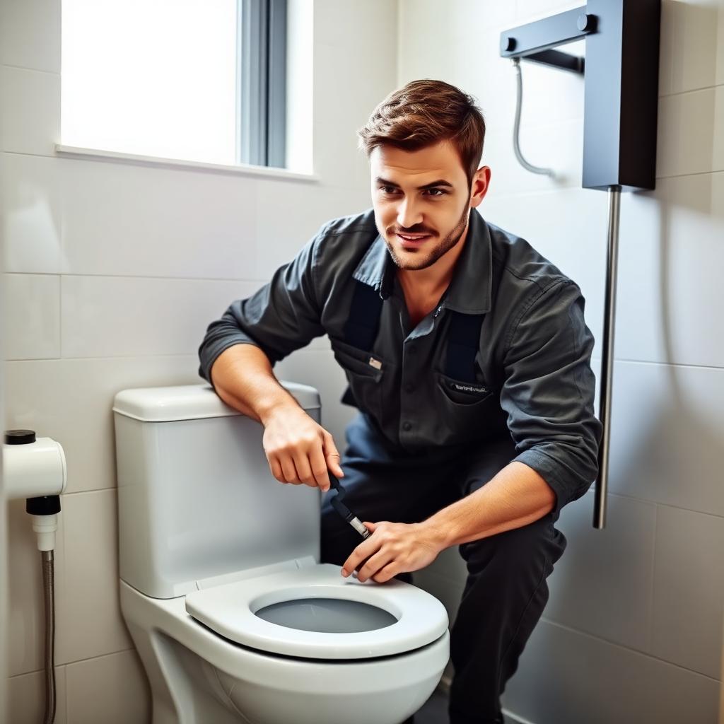 Plumber installing a new toilet in a residential bathroom