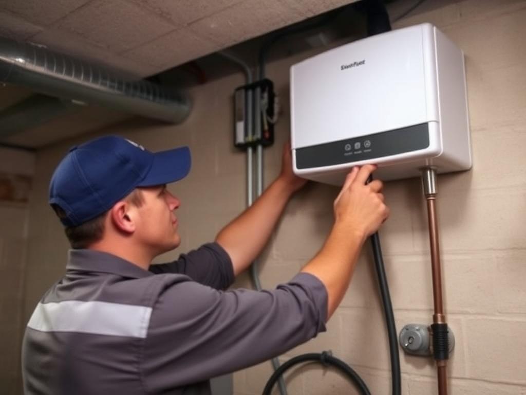 Plumber installing tankless water heater